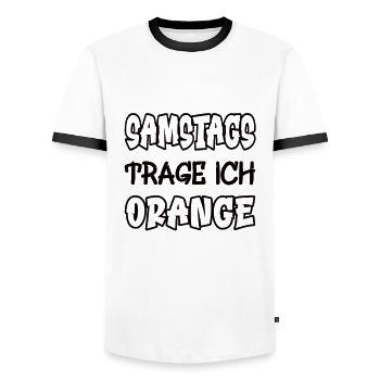Le samedi, je porte de l’orange en disant couleur orange - T-shirt contrasté Homme - blanc/noir - Devant - AI Model Female 172 light (172cm) & AI Model Male 178 dark (178cm)