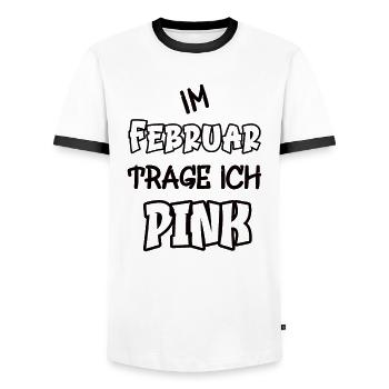 In February I'm wearing pink saying color pink - Men's Ringer Shirt - white/black - Front - AI Model Female 172 light (172cm) & AI Model Male 178 dark (178cm)