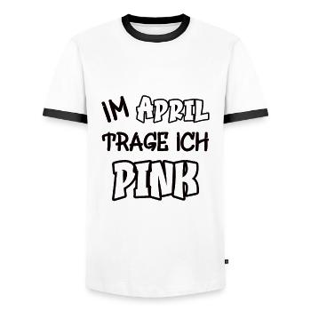 In April I'm wearing pink saying color pink - Men's Ringer Shirt - white/black - Front - AI Model Female 172 light (172cm) & AI Model Male 178 dark (178cm)