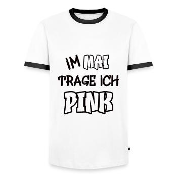 In May I'm wearing pink saying color pink - Men's Ringer Shirt - white/black - Front - AI Model Female 172 light (172cm) & AI Model Male 178 dark (178cm)