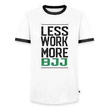 Drôle BJJ, chemise MMA - moins de travail, plus BJJ - T-shirt contrasté Homme - blanc/noir - Devant - AI Model Female 172 light (172cm) & AI Model Male 178 dark (178cm)