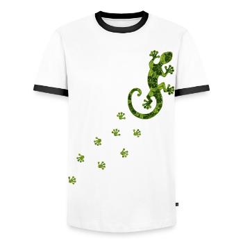 Gecko with hibiscus, taps, feet, footprint animals - Men's Ringer Shirt - white/black - Front - AI Model Female 172 light (172cm) & AI Model Male 178 dark (178cm)