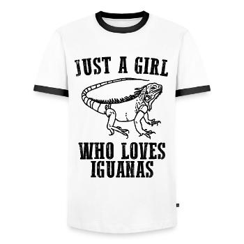 JUST A GIRL WHO LOVES IGUANAS - Men's Ringer Shirt - white/black - Front - AI Model Female 172 light (172cm) & AI Model Male 178 dark (178cm)