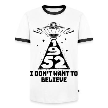 Vintage 1952 70 Years Anniversary Flying Saucer - Men's Ringer Shirt - white/black - Front - AI Model Female 172 light (172cm) & AI Model Male 178 dark (178cm)