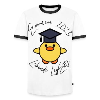 Examen 2023 lebende LegEnte - Männer Kontrast-T-Shirt - Weiß/Schwarz - Vorne - AI Model Female 172 light (172cm) & AI Model Male 178 dark (178cm)