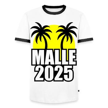 Malle 2025 - Männer Kontrast-T-Shirt - Weiß/Schwarz - Vorne - AI Model Female 172 light (172cm) & AI Model Male 178 dark (178cm)