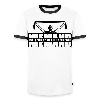 Niemand ist grösser als der Verein - Männer Kontrast-T-Shirt - Weiß/Schwarz - Vorne - AI Model Female 172 light (172cm) & AI Model Male 178 dark (178cm)