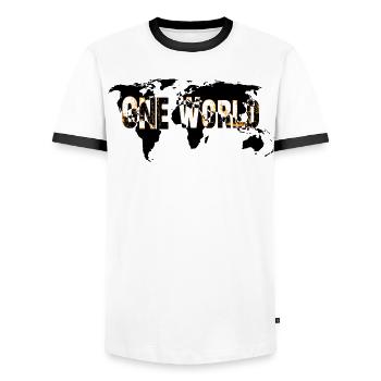 One World - Orange - Men's Ringer Shirt - white/black - Front - AI Model Female 172 light (172cm) & AI Model Male 178 dark (178cm)