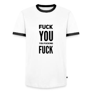 Citation de « Va te faire » – Sarcasme & Attitude - T-shirt contrasté Homme - blanc/noir - Devant - AI Model Female 172 light (172cm) & AI Model Male 178 dark (178cm)