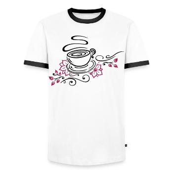 Tee, Teetasse, tea time, Kirschblüten - Männer Kontrast-T-Shirt - Weiß/Schwarz - Vorne - AI Model Female 172 light (172cm) & AI Model Male 178 dark (178cm)
