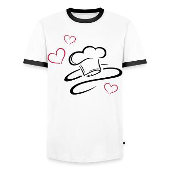 Koch, Kochmützen Logo mit drei Herzen. - Männer Kontrast-T-Shirt - Weiß/Schwarz - Vorne - AI Model Female 172 light (172cm) & AI Model Male 178 dark (178cm)