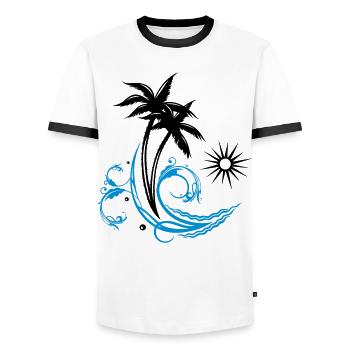 Palm trees with wave and sun, vacation, surf - Men's Ringer Shirt - white/black - Front - AI Model Female 172 light (172cm) & AI Model Male 178 dark (178cm)
