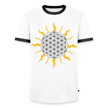 Sonne, sun, Blume des Lebens, flower of life - Männer Kontrast-T-Shirt - Weiß/Schwarz - Vorne - AI Model Female 172 light (172cm) & AI Model Male 178 dark (178cm)