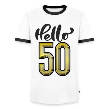 Hello 50 - Men's Ringer Shirt - white/black - Front - AI Model Female 172 light (172cm) & AI Model Male 178 dark (178cm)