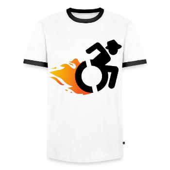 Utilisateur d’un fauteuil roulant avec chapeau et flammes # - T-shirt contrasté Homme - blanc/noir - Devant - AI Model Female 172 light (172cm) & AI Model Male 178 dark (178cm)