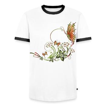Schmetterlinge mit floralen Elementen - Männer Kontrast-T-Shirt - Weiß/Schwarz - Vorne - AI Model Female 172 light (172cm) & AI Model Male 178 dark (178cm)