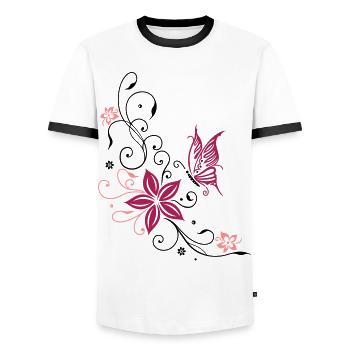 Flowers with filigree floral ornament. Feminine. - Men's Ringer Shirt - white/black - Front - AI Model Female 172 light (172cm) & AI Model Male 178 dark (178cm)