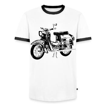 Simson Schwalbe - Männer Kontrast-T-Shirt - Weiß/Schwarz - Vorne - AI Model Female 172 light (172cm) & AI Model Male 178 dark (178cm)