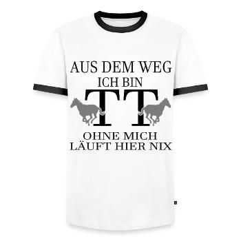 Tuniertrottel ich mach hier alles - Pferd Rappe - Männer Kontrast-T-Shirt - Weiß/Schwarz - Vorne - AI Model Female 172 light (172cm) & AI Model Male 178 dark (178cm)