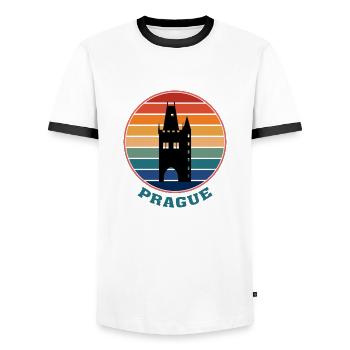 Prague Landmark Silhouette Czech Travel Souvenir - Men's Ringer Shirt - white/black - Front - AI Model Female 172 light (172cm) & AI Model Male 178 dark (178cm)