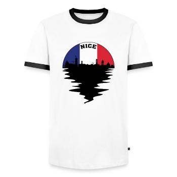 Nice France Skyline French Flag Travel Souvenir - Men's Ringer Shirt - white/black - Front - AI Model Female 172 light (172cm) & AI Model Male 178 dark (178cm)