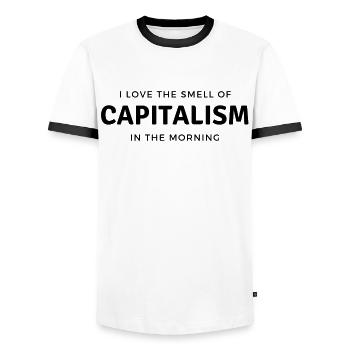 Investor - Stock Exchange Dividend - Men's Ringer Shirt - white/black - Front - AI Model Female 172 light (172cm) & AI Model Male 178 dark (178cm)
