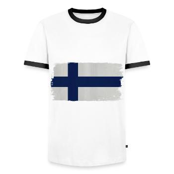 Drapeau finlandais aspect acrylique - T-shirt contrasté Homme - blanc/noir - Devant - AI Model Female 172 light (172cm) & AI Model Male 178 dark (178cm)