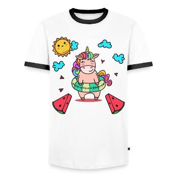 Licorne vacances nager pneu mer plage été - T-shirt contrasté Homme - blanc/noir - Devant - AI Model Female 172 light (172cm) & AI Model Male 178 dark (178cm)