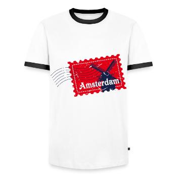 Badge de timbre souvenir voyage Amsterdam Pays-Bas - T-shirt contrasté Homme - blanc/noir - Devant - AI Model Female 172 light (172cm) & AI Model Male 178 dark (178cm)