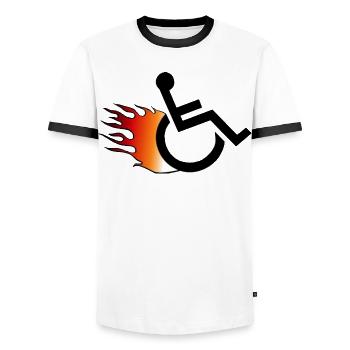 Fauteuil roulant enflammé. Fauteuil roulant avec flammes # - T-shirt contrasté Homme - blanc/noir - Devant - AI Model Female 172 light (172cm) & AI Model Male 178 dark (178cm)