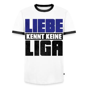 LIEBE KENNT KEINE LIGA | 2.Liga Absteiger Shirt - Männer Kontrast-T-Shirt - Weiß/Schwarz - Vorne - AI Model Female 172 light (172cm) & AI Model Male 178 dark (178cm)