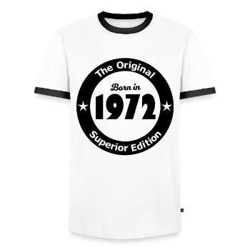 Born in 1972 - Men's Ringer Shirt - white/black - Front - AI Model Female 172 light (172cm) & AI Model Male 178 dark (178cm)