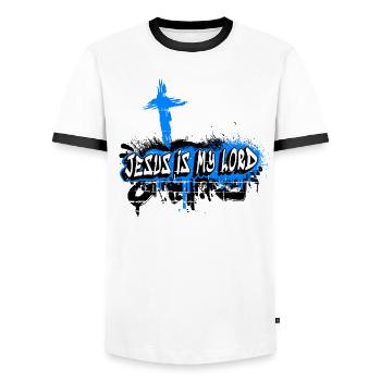 Le design de Jésus est mon seigneur - T-shirt contrasté Homme - blanc/noir - Devant - AI Model Female 172 light (172cm) & AI Model Male 178 dark (178cm)