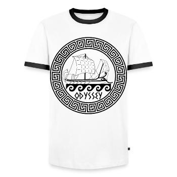 Symbol für ein schwarzes griechisches Schiff - Männer Kontrast-T-Shirt - Weiß/Schwarz - Vorne - AI Model Female 172 light (172cm) & AI Model Male 178 dark (178cm)