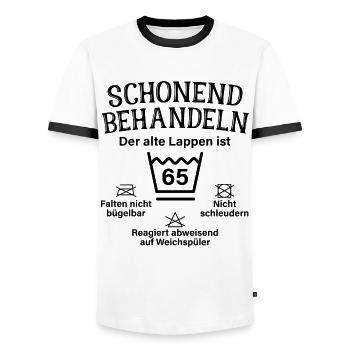 Schonend Behandeln 65 Geschenk Zum 65. Geburtstag - Männer Kontrast-T-Shirt - Weiß/Schwarz - Vorne - AI Model Female 172 light (172cm) & AI Model Male 178 dark (178cm)