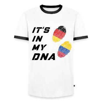 In my DNA Germany and Colombia - Men's Ringer Shirt - white/black - Front - AI Model Female 172 light (172cm) & AI Model Male 178 dark (178cm)