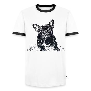 French Bulldog - Men's Ringer Shirt - white/black - Front - AI Model Female 172 light (172cm) & AI Model Male 178 dark (178cm)
