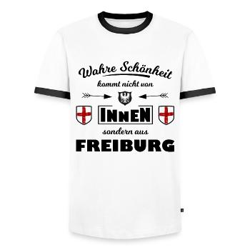 Freiburger im Breisgau - Männer Kontrast-T-Shirt - Weiß/Schwarz - Vorne - AI Model Female 172 light (172cm) & AI Model Male 178 dark (178cm)
