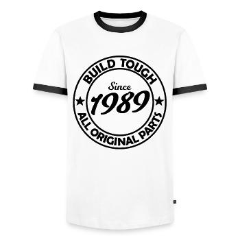 Born in 1989 - Men's Ringer Shirt - white/black - Front - AI Model Female 172 light (172cm) & AI Model Male 178 dark (178cm)