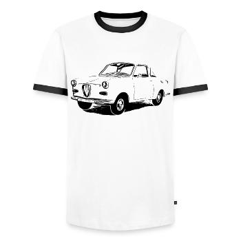 Goggomobil - Goggo - Dingolfing - Männer Kontrast-T-Shirt - Weiß/Schwarz - Vorne - AI Model Female 172 light (172cm) & AI Model Male 178 dark (178cm)