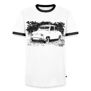 Goggomobil - Männer Kontrast-T-Shirt - Weiß/Schwarz - Vorne - AI Model Female 172 light (172cm) & AI Model Male 178 dark (178cm)