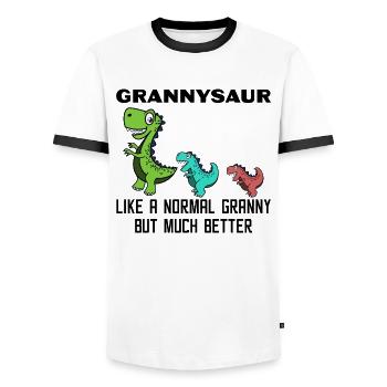 Lustig Großmutter Oma Dinosaurier Statement - Männer Kontrast-T-Shirt - Weiß/Schwarz - Vorne - AI Model Female 172 light (172cm) & AI Model Male 178 dark (178cm)