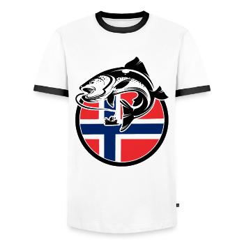 Norvège Pêche à la ligne Pêche - T-shirt contrasté Homme - blanc/noir - Devant - AI Model Female 172 light (172cm) & AI Model Male 178 dark (178cm)