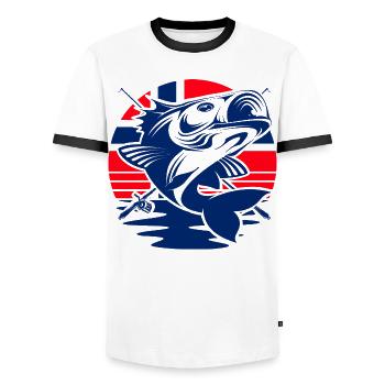 Norvège Pêche à la ligne Pêche - T-shirt contrasté Homme - blanc/noir - Devant - AI Model Female 172 light (172cm) & AI Model Male 178 dark (178cm)