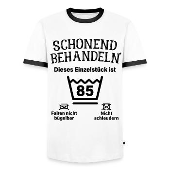 Schonend Behandeln 85. Geburtstag Einzelstück 85 - Männer Kontrast-T-Shirt - Weiß/Schwarz - Vorne - AI Model Female 172 light (172cm) & AI Model Male 178 dark (178cm)