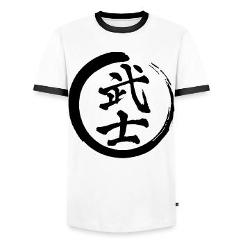 Black Japanese Kanji for the word warrior - Men's Ringer Shirt - white/black - Front - AI Model Female 172 light (172cm) & AI Model Male 178 dark (178cm)