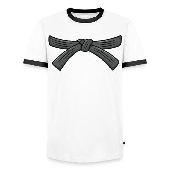 Karategürtel, Schwarzgurt 1. Dan, Karate Instruktor - Männer Kontrast-T-Shirt - Weiß/Schwarz - Vorne - AI Model Female 172 light (172cm) & AI Model Male 178 dark (178cm)