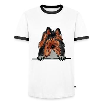 Rough Collie Dog for Peeking Dog Lovers - Men's Ringer Shirt - white/black - Front - AI Model Female 172 light (172cm) & AI Model Male 178 dark (178cm)