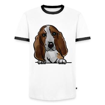 Swiss Hound Dog for Peeking Dog Lovers - Men's Ringer Shirt - white/black - Front - AI Model Female 172 light (172cm) & AI Model Male 178 dark (178cm)