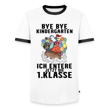 1 Klasse Einschulung Pirat Schulkind Geschenk - Männer Kontrast-T-Shirt - Weiß/Schwarz - Vorne - AI Model Female 172 light (172cm) & AI Model Male 178 dark (178cm)